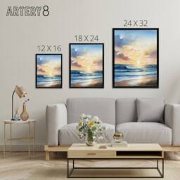 "Artery8 Beach Shore Waves Sunset Seascape Framed Canvas Wall Art Print in Blue - Size: W12"" x H16""" - thumbnail 4