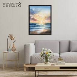 "Artery8 Beach Shore Waves Sunset Seascape Framed Canvas Wall Art Print in Blue - Size: W12"" x H16""" - thumbnail 3