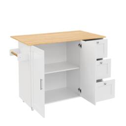 BTM Rolling Kitchen Island with Foldable Top, 3 Drawers & 2 Doors in White - thumbnail 9