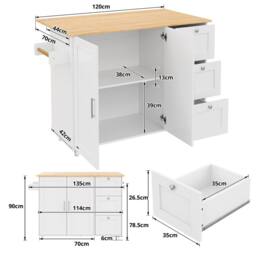 BTM Rolling Kitchen Island with Foldable Top, 3 Drawers & 2 Doors in White - thumbnail 5