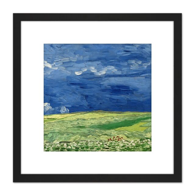 Artery8 Van Gogh Wheatfield Under Thunderclouds Painting 8X8 Inch Square Wooden Framed Wall Art Print Picture with Mount in Black - image 1