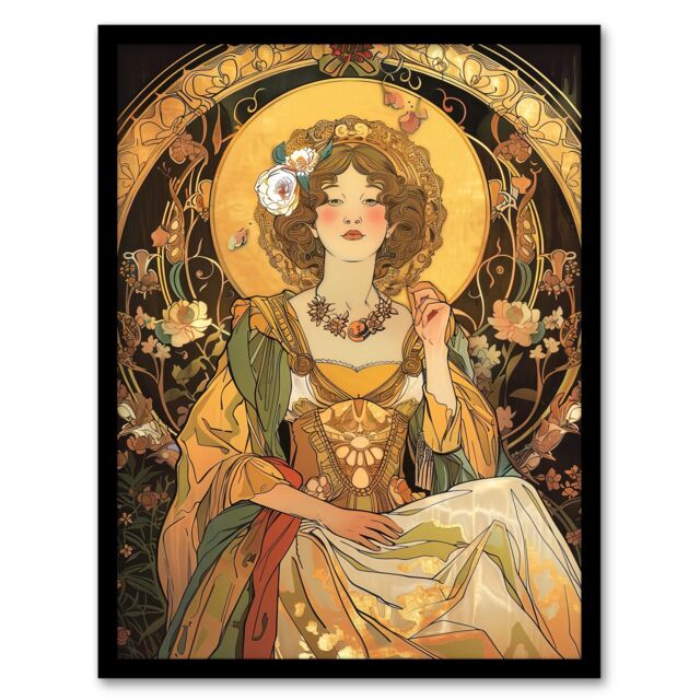 "Artery8 Alphonse Mucha Style Woman Floral Art Nouveau Framed Art Print in Yellow - Size: W12"" x H16""" - image 1