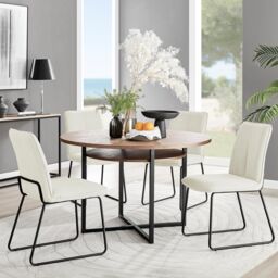 FurnitureboxUK Adley Brown Wood Storage Dining Table & 4 Halleyy Chairs in Cream