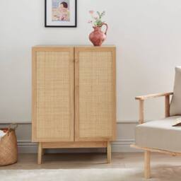 Wyld and Coco 2-Door Rattan Front Sideboard - Pine Accents W73 x D41 x H102cm in Brown - thumbnail 1