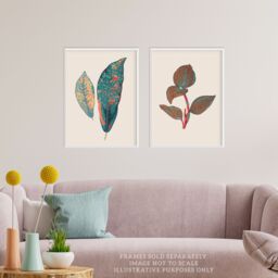 Artery8 Wall Art Print Pack of 2 A4 Vintage Botanical Fauna Coral Pink & Teal Blue Detailed Plant Leaves Living Room s Set - thumbnail 2