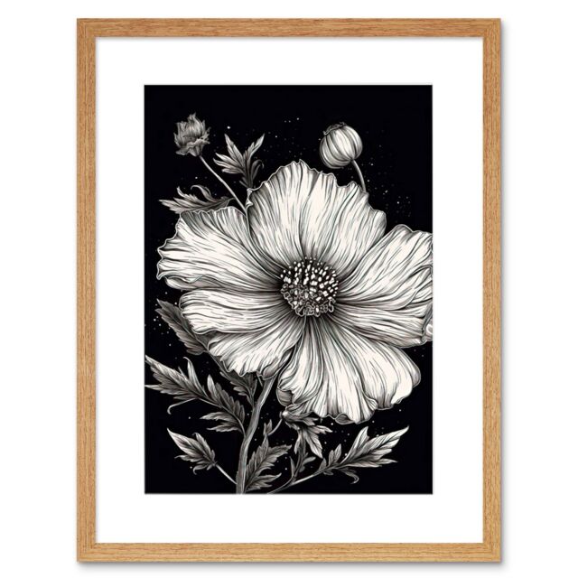 "Artery8 Wall Art Print Black & White Cosmos Flower & Starry Night Sky Artwork Framed 9X7 Inch in Beige - Size: W7"" x H9""" - image 1