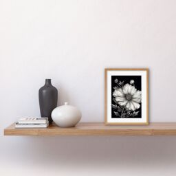 "Artery8 Wall Art Print Black & White Cosmos Flower & Starry Night Sky Artwork Framed 9X7 Inch in Beige - Size: W7"" x H9""" - thumbnail 2
