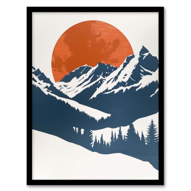 "Artery8 Full Moon Rising Winter Forest Mountain Landscape Framed Art Print in Orange - Size: W12"" x H16""" - image 1
