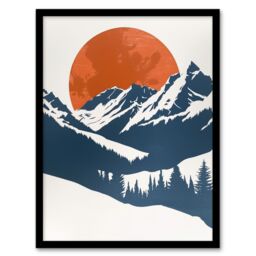 "Artery8 Full Moon Rising Winter Forest Mountain Landscape Framed Art Print in Orange - Size: W12"" x H16""" - thumbnail 1