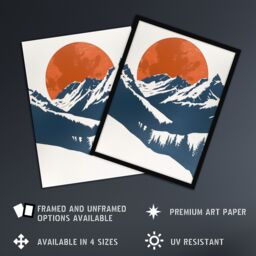 "Artery8 Full Moon Rising Winter Forest Mountain Landscape Framed Art Print in Orange - Size: W12"" x H16""" - thumbnail 2