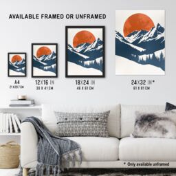 "Artery8 Full Moon Rising Winter Forest Mountain Landscape Framed Art Print in Orange - Size: W12"" x H16""" - thumbnail 3
