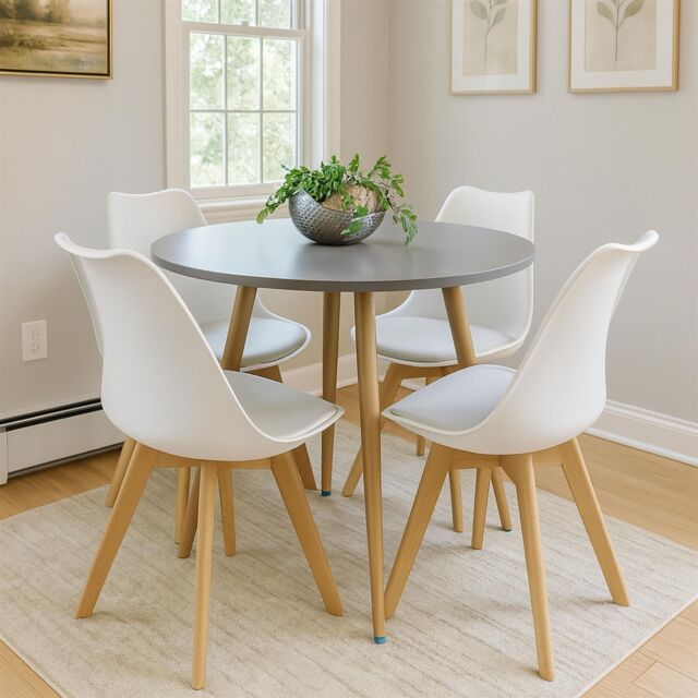 KOSY KOALA Dining Table & 4 Chairs Grey Round Table With 4 White Plastic Chairs Dining Room Furniture in Brown - image 1