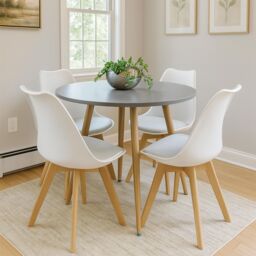 KOSY KOALA Dining Table & 4 Chairs Grey Round Table With 4 White Plastic Chairs Dining Room Furniture in Brown - thumbnail 1
