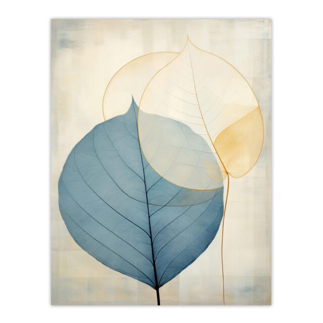 "Wee Blue Coo Wall Art Print Skeleton Leaves Blue I Leaf Veins Structure Pastel Colour Azure Tan Yellow Watercolour Painting Poster - Size: W18"" x H24""" - image 1