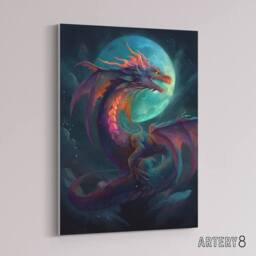 "Artery8 Full Moon Dragon Fantasy Canvas Wall Art Print in Blue - Size: W18"" x H24""" - thumbnail 2