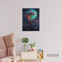 "Artery8 Full Moon Dragon Fantasy Canvas Wall Art Print in Blue - Size: W18"" x H24""" - thumbnail 3