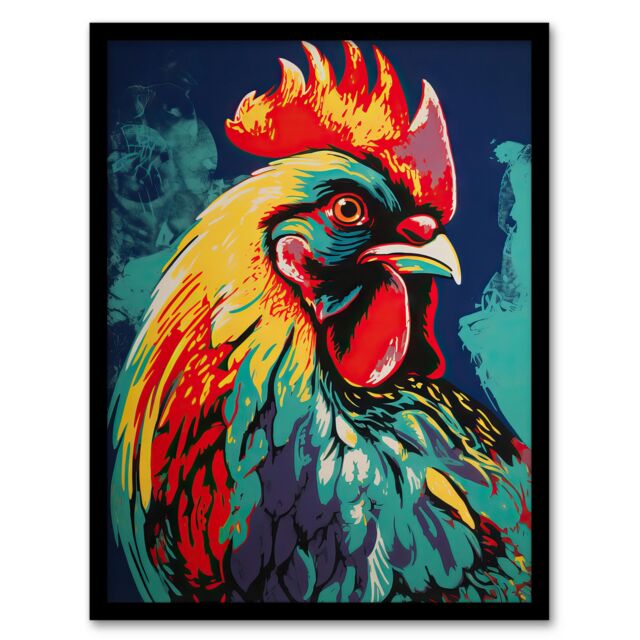 "Artery8 Wall Art Print Cockerel Rooster Chicken Hen Screen Red Yellow Turquoise Vibrant Bold Bright Colourful Painting Art Framed - Size: W12"" x H16""" - image 1