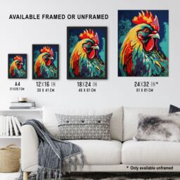 "Artery8 Wall Art Print Cockerel Rooster Chicken Hen Screen Red Yellow Turquoise Vibrant Bold Bright Colourful Painting Art Framed - Size: W12"" x H16""" - thumbnail 3