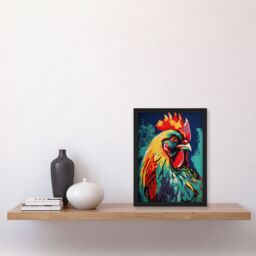 "Artery8 Wall Art Print Cockerel Rooster Chicken Hen Screen Red Yellow Turquoise Vibrant Bold Bright Colourful Painting Art Framed - Size: W12"" x H16""" - thumbnail 4