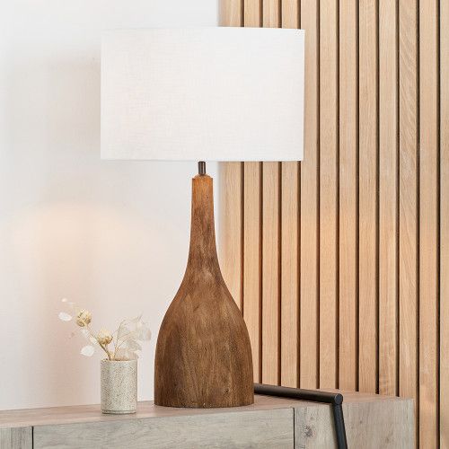 Ruma Mango Wood Curved Table Lamp Base with Linen Drum Shade in Brown - image 1