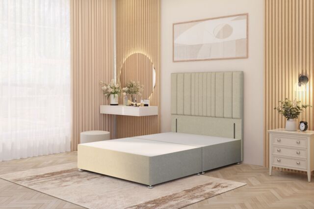 "Somnior Alexas Divan Bed Base with 54"" Floor Standing Headboard Linen Fabric in Beige - Size: Small Single" - image 1