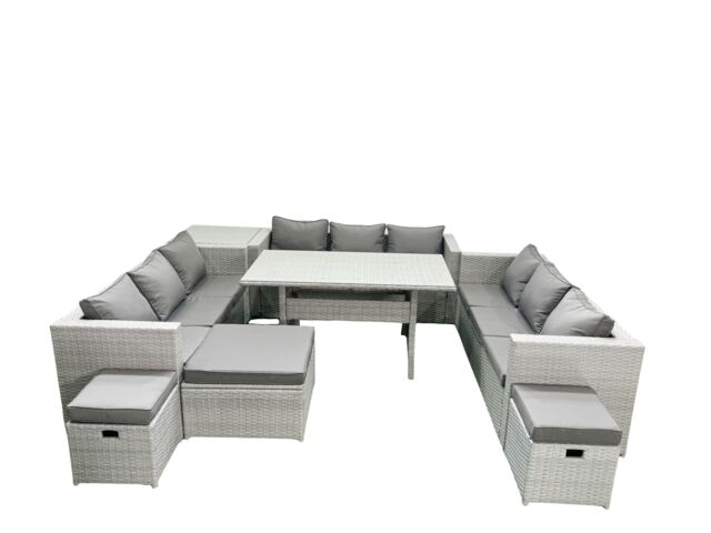 Fimous Rattan Garden Outdoor Furniture Set 12 Seater Garden Sofa Rectangulr Dining Table Set with 3 Footstools Side Table Light Grey Mixed - image 1