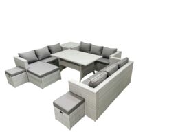 Fimous Rattan Garden Outdoor Furniture Set 12 Seater Garden Sofa Rectangulr Dining Table Set with 3 Footstools Side Table Light Grey Mixed - thumbnail 2