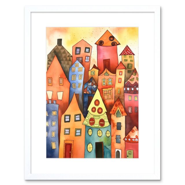"Artery8 Wall Art Print Colourful Townscape Folk Art Watercolour Painting Artwork Framed 9X7 Inch in White - Size: W7"" x H9""" - image 1