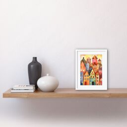 "Artery8 Wall Art Print Colourful Townscape Folk Art Watercolour Painting Artwork Framed 9X7 Inch in White - Size: W7"" x H9""" - thumbnail 2