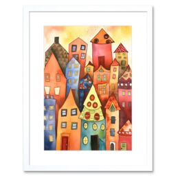 "Artery8 Wall Art Print Colourful Townscape Folk Art Watercolour Painting Artwork Framed 9X7 Inch in White - Size: W7"" x H9""" - thumbnail 1