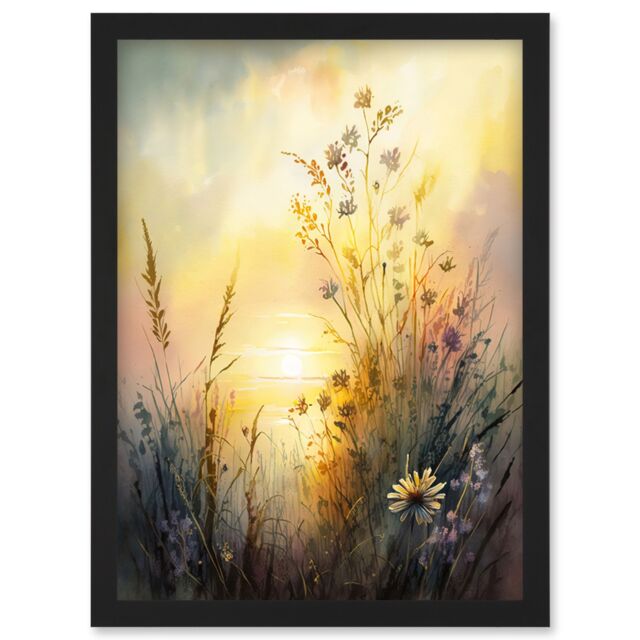 Artery8 Wildflower by Lakeside on a Misty Morning Sunrise Modern Watercolour Painting Artwork Framed Wall Art Print A4 in Black - image 1