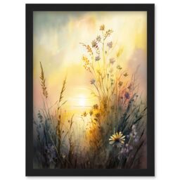 Artery8 Wildflower by Lakeside on a Misty Morning Sunrise Modern Watercolour Painting Artwork Framed Wall Art Print A4 in Black - thumbnail 1