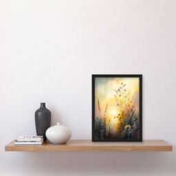 Artery8 Wildflower by Lakeside on a Misty Morning Sunrise Modern Watercolour Painting Artwork Framed Wall Art Print A4 in Black - thumbnail 2