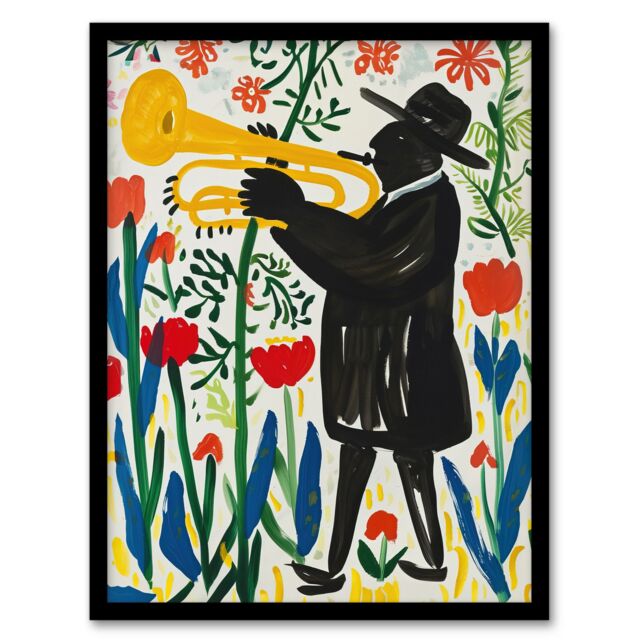 Artery8 Jazz Trombonist in Tulips Painting Fun Colourful Framed Art Print - Size: A4 - image 1