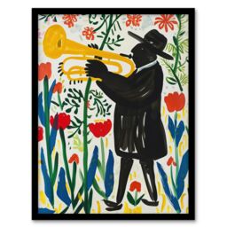 Artery8 Jazz Trombonist in Tulips Painting Fun Colourful Framed Art Print - Size: A4 - thumbnail 1