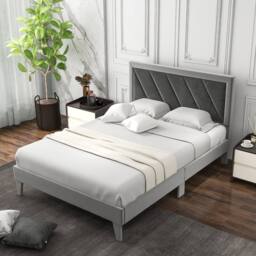 Havendro Double Velvet Platform Bed Frame High Headboard Slat Base in Grey - thumbnail 4