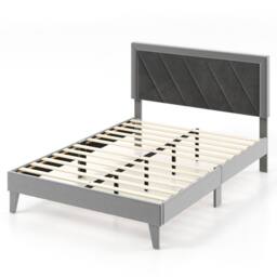 Havendro Double Velvet Platform Bed Frame High Headboard Slat Base in Grey - thumbnail 1