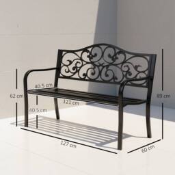 OUTSUNNY Metal Garden Bench, Outdoor Bench with Floral Back, Black - Size: 2 Seater - thumbnail 3