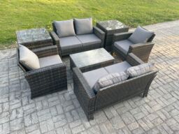 Fimous Garden Furniture Sets 7 Pieces Outdoor Rattan Furniture Manual Wicker Patio Sofa Chair Set with Coffee Table 2 Side Tables in Dark Grey - thumbnail 2