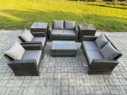 Fimous Garden Furniture Sets 7 Pieces Outdoor Rattan Furniture Manual Wicker Patio Sofa Chair Set with Coffee Table 2 Side Tables in Dark Grey - thumbnail 1