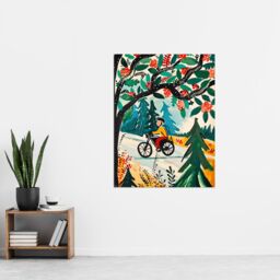 "Artery8 Man on Bike Mountains Simple Painting Colourful Wall Art Print in Green - Size: W24"" x H32""" - thumbnail 4