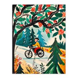 "Artery8 Man on Bike Mountains Simple Painting Colourful Wall Art Print in Green - Size: W24"" x H32""" - thumbnail 1