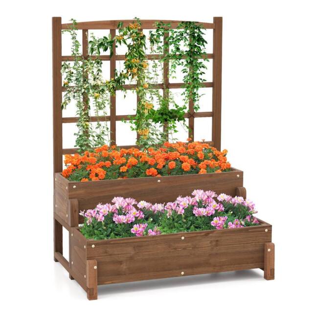 Costway Raised Garden Bed w/Lattice Trellis 2-Tier Wooden Elevated Planter Box in Brown - image 1