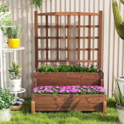 Costway Raised Garden Bed w/Lattice Trellis 2-Tier Wooden Elevated Planter Box in Brown - thumbnail 9