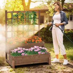 Costway Raised Garden Bed w/Lattice Trellis 2-Tier Wooden Elevated Planter Box in Brown - thumbnail 8