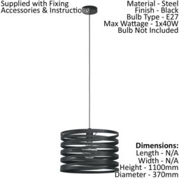Loops Pendant Ceiling Light Colour Black Shade Black Spirals Long Cable Bulb E27 1x40W - thumbnail 2