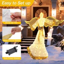Costway 5.2 FT Lighted Angel Light up Christmas Decoration with Halo & Bow in Warm White - thumbnail 8