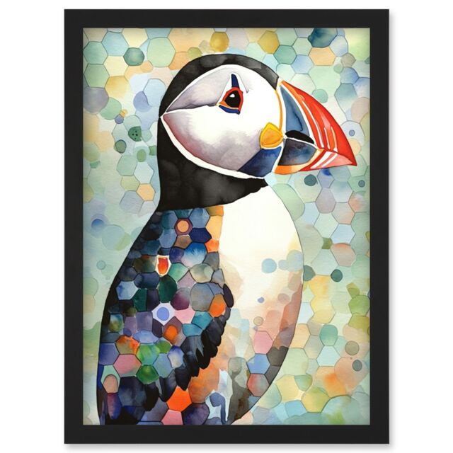 Artery8 Puffin Bird Portrait Pastel Colour Folk Art Artwork Framed Wall Art Print A4 in Black - image 1