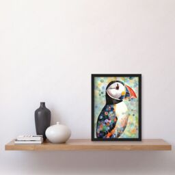 Artery8 Puffin Bird Portrait Pastel Colour Folk Art Artwork Framed Wall Art Print A4 in Black - thumbnail 2