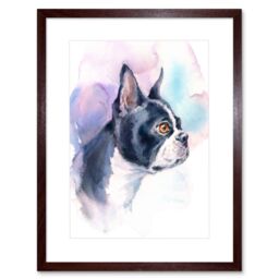 "Artery8 Wall Art Print Dog Boston Terrier Watercolour Art Framed 9x7 inch in Brown - Size: W7"" x H9""" - thumbnail 1